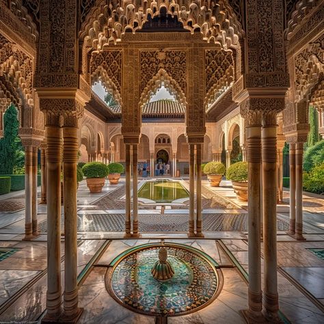 The picture shows the Court of the Lions in the Alhambra, a UNESCO World Heritage Site in Granada, Spain. It is one of the most famous examples of Moorish architecture in Spain ->> more details in ai-img-gen.com Spanish Moorish Architecture, The Alhambra Spain, Islamic Courtyard, Latin Architecture, Alhambra Architecture, Indian Courtyard, 2025 Motivation, Lion King Wedding, Summer Desktop Backgrounds