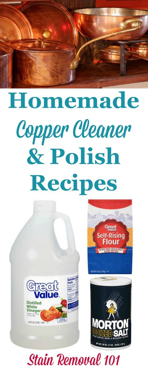 Several homemade copper cleaner and polish recipes using natural, frugal ingredients {on Stain Removal 101} Copper Cleaner Homemade, Copper Polish Diy, Copper Cleaner Diy, Clean Copper, Copper Cleaner, Brass Cleaner, Clean Baking Pans, Diy Copper, Cleaning Painted Walls