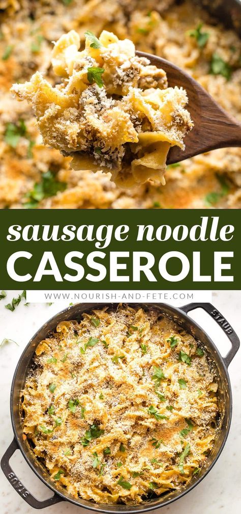 This cozy sausage noodle casserole has egg noodles, pork sausage, and cheese, all wrapped up in a creamy sauce and baked under a crispy breadcrumb topping. This is classic comfort food the whole family will love. Link Sausage Casserole Dinners, Egg Noodles And Smoked Sausage, Egg Noodles And Sausage Recipes, Italian Sausage And Egg Noodles, Spaghetti With Pork Sausage, Sausage Egg Noodle Casserole, Ground Sausage And Noodle Recipes, Sausage Macaroni Casserole, Dinner Ideas With Pork Sausage