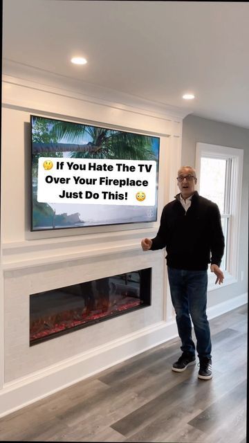 Tv Wall Design Fireplace Modern, Tv Too Big For Fireplace, Tv Over Fireplace No Mantle, Low Mounted Tv Over Fireplace, Long Fireplace With Tv Above, Tv Over Fireplace Low, Long Gas Fireplace Under Tv, Electric Built In Fireplace Living Rooms, Living Room Decor With Fireplace And Tv