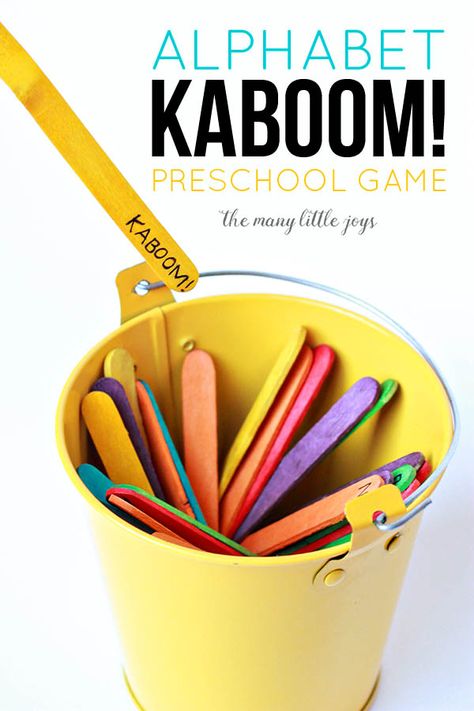 Alphabet Kaboom! (a simply brilliant preschool game) - The Many Little Joys Cognitive Learning, Letter Centers, Games Preschool, Alphabet Game, Preschool Alphabet, Abc Activities, Alphabet Games, Alphabet A, Preschool Literacy