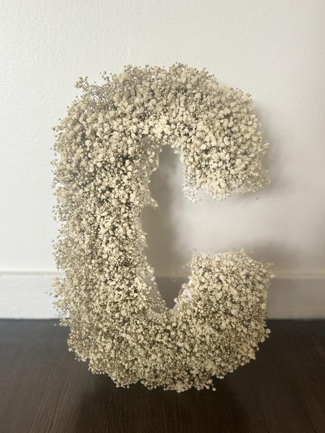 Elegant Dried Baby's Breath Letter Add a touch of timeless beauty to your home or special event with this stunning, 16-inch letter crafted from real, dried baby's breath flowers. Each letter is uniquely handmade, ensuring a one-of-a-kind piece. The delicate white blooms create a soft and ethereal look that complements any decor. Perfect for: Nurseries: A charming and personalized touch for your little one's room. Wedding Decor: A unique and romantic centerpiece for your special day. Home Decor: A beautiful and eye-catching piece for any room. Customize your order: Choose from any letter or number to create a truly personalized piece. Dimensions: 16 inches tall Material: Real, dried baby's breath flowers Care: Handle with care and avoid direct sunlight to preserve the blooms. Whimsical Romantic Wedding Decor, At Home Intimate Wedding, Faux Flower Wedding Decor, Dried Baby Breath, Wedding Baby Breath, Hanging Wedding Decor, Handmade Wedding Decor, Big Letters Wedding, Baby's Breath Wedding Decor