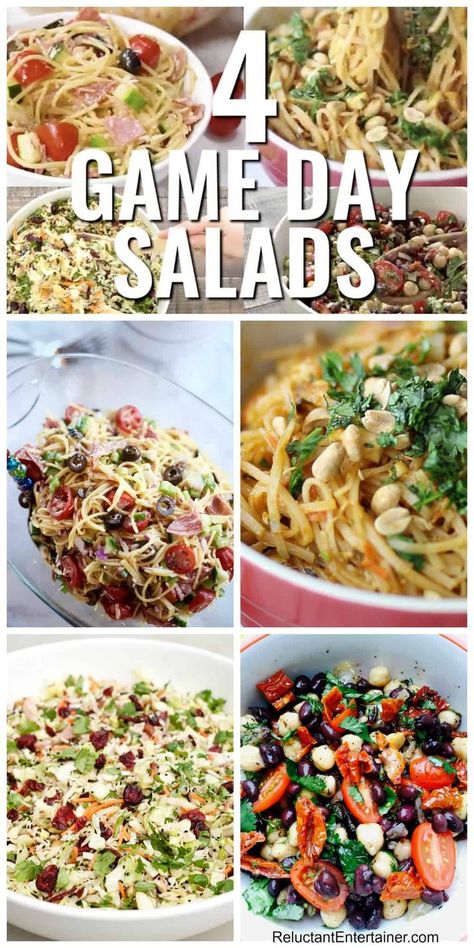 4 Game Day Salads to Serve a Crowd #gameday #salads #superbowlsalads via @sandycoughlin Football Party Salads, Tailgate Salad Ideas, Football Salad Recipes, Super Bowl Salad Ideas, Game Day Salad, Gameday Sides, Tailgate Salad Recipes, Game Day Sides Dishes, Crazy Salad Recipe