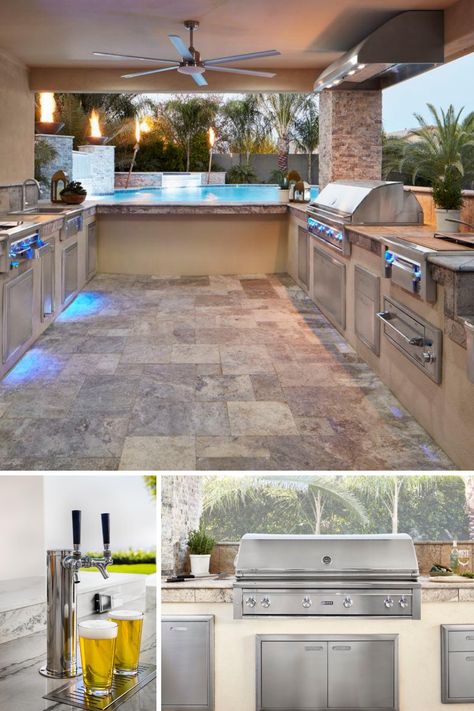 Indoor Outdoor Kitchen Bar, Backyard Landscape Design With Pool, Outdoor Kitchen With Swim Up Bar, Outdoor Kitchen Flat Top Grill, Pool With Bar Around It, Outdoor Kitchen And Bar By Pool, Outdoor Kitchen Flooring Ideas, Backyard Patio Designs With Pool Outdoor Kitchens, Backyard Pool Bar