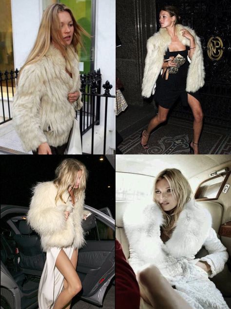 Kate Moss Fur Jacket, Fur Party Outfit, Kate Moss Party Outfit, Kate Moss Fur Coat, Kate Moss Winter, White Fur Jacket Outfit, White Fur Coat Outfit, Kate Moss Outfit, Fur Coat Outfits