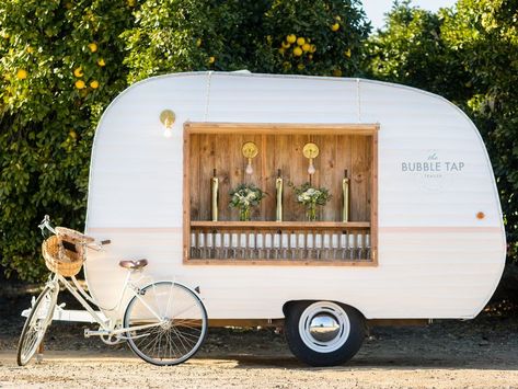 A Trailer With Champagne on Tap, and 5 Other Roaming Bars You Can Rent for Your Wedding | TheKnot.com Tap Trailer, Canned Ham Camper, Camper Bar, Mobile Wedding, Canned Ham, Champagne Bar, Vintage Trailer, Mobile Bar, Horse Trailer