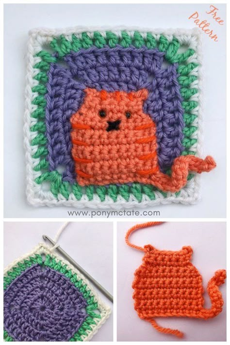 Crochet Bookmarks Free Patterns, Crochet Applique Patterns Free, Crochet Bookmark Pattern, Granny Square Crochet Patterns Free, Crochet Stitches Guide, Cat Motif, Crochet Cat Pattern, Cat Crochet, Crochet Motif Patterns