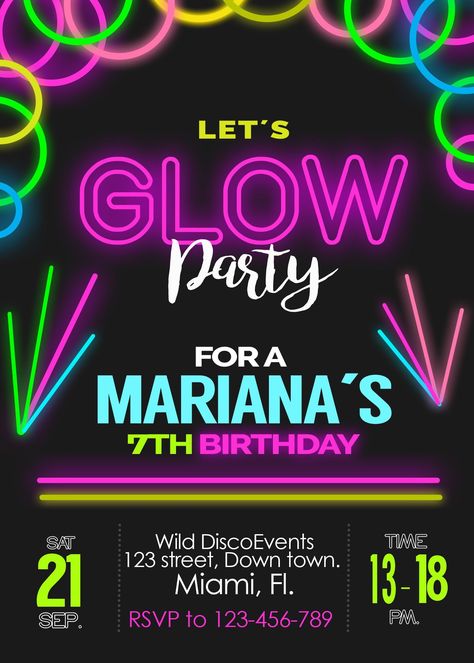 Invitacion Fiesta Neon 2B1 Superhero Birthday Party Favors, Neon Party Invitations, Ab Testing, Glow Stick Party, Neon Birthday Party, Glow Birthday Party, Neon Birthday, Glow Birthday, Neon Decor