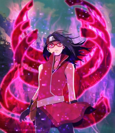 Sarada Uchiha, An Anime, Anime Character, Black Hair, Naruto, Purple, Red, Hair, Anime