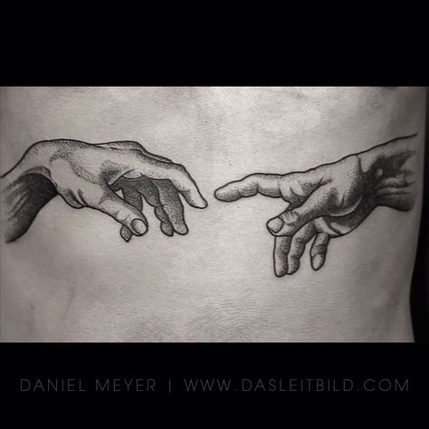 Hand of Adam on Andrew via www.dasleitbild.com #handofadam #thecreationofadam #michelangelo #hands #tattoo #picoftheday #blackworkerssubmission #tattooartistmagazine #tattoodo #germantattooers #blacktattoomag #theinkedlife #leitbild Hands Touching Tattoo, Two Hands Touching, Prayer Hands Tattoo, Michelangelo Hands, Hands Touching, Lion King Tattoo, King Tattoo, Shadow Tattoo, Hands Tattoo