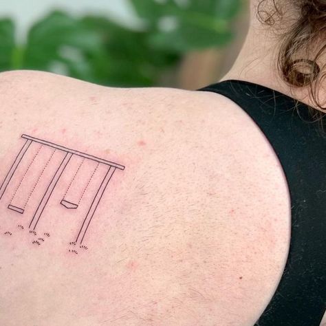 Wildflowers | Fine Line Tattoo on Instagram: "Sister matching tattoos of a swing-set from childhood that grandpa built for them 🧚‍♀️🧚 #swingset #childhoodwonders #matchingtattoos #sistertattoos #whimsicalart #illustrativetattoo #minimalistictattoo #lineworktattoo #daintytattoo #tinytattoo #finelinetattoos #torontotattoo #qttr #queerartist" Swings Tattoo, Swing Set Tattoo, Seesaw Tattoo, Childhood Tattoo Ideas, Sister Matching Tattoos, Swing Tattoo, Fine Line Tattoo, Doodle Tattoo, Line Tattoo