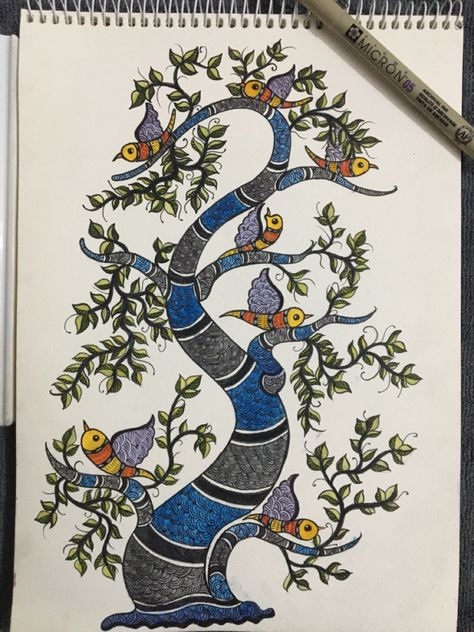 Traditional Gond Art, Kalamkari Designs Pattern Folk Art, Folk Paintings Of India, Gond Painting Folk Art Home Decor, Gond Art Trees, Gond Painting Folk Art Indian, Gond Painting Folk Art Tree Of Life, Gond Art Animals, India Folk Art