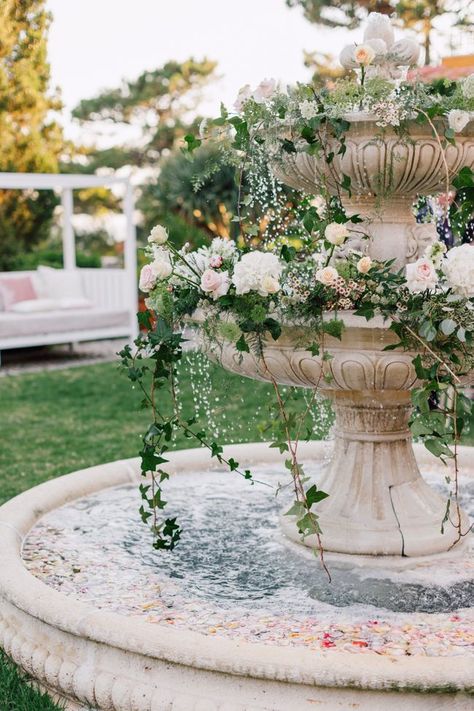 Flower Fountain Wedding, Fountain With Flowers Wedding, Wedding Water Feature, Flowers In Fountain Wedding, Fountain Decor Wedding, Fountain Florals Wedding, Flowers Around Fountain, Water Fountain With Flowers, Fountain Wedding Ceremony