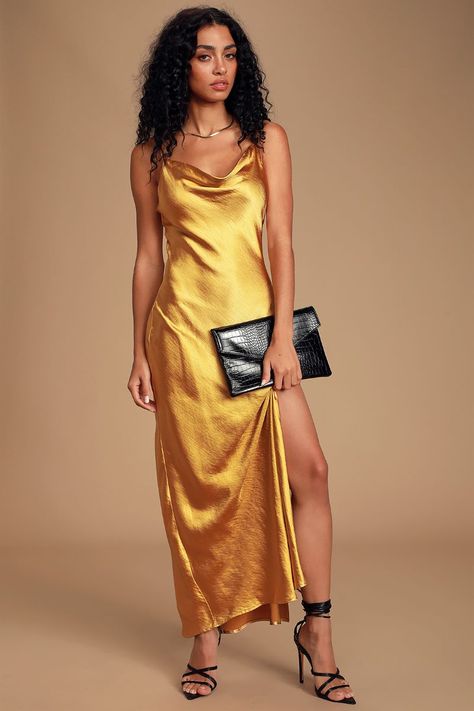 30 Best Holiday Dresses: Shop The Top 5 Trends - Lulus.com Blog Raven Lyn, Satin Cowl Neck Dress, Gold Satin Dress, Pretty Midi Dresses, Camila Morrone, Asymmetrical Midi Dress, Grunge Dress, Fashion Vocabulary, Timeless Dress