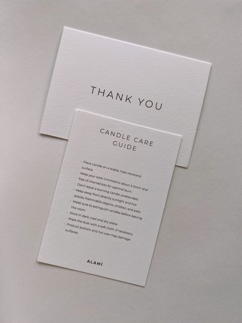 Thank you card & Candle care guide Care Guide Card Design, Thank You Card For Candle Business, Thank You Card Candle, Candle Packaging Aesthetic, Branding Thank You Card, Candle Care Cards, Candle Thank You Card, Candle Package Ideas, Candle Marketing Ideas