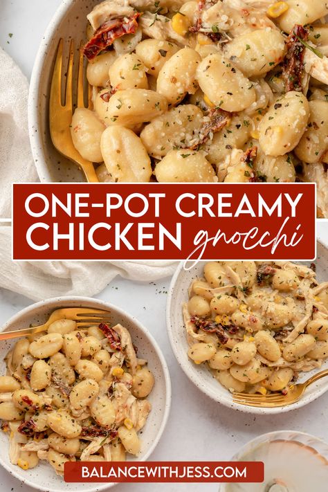 This Creamy Chicken Gnocchi is wonderfully cozy and flavorful! A bright but hearty combination of pillowy soft gnocchi, rotisserie chicken, sun dried tomatoes, and corn is coated in a creamy cheese sauce. Everything is made in one pan and just 20 minutes for a quick and easy weeknight dinner. But it's luxurious enough to serve on holidays, date night, and special occasions! Chicken Sun Dried Tomatoes, One Pan Creamy Chicken, Creamy Chicken And Gnocchi, Gnocchi Recipes Healthy, Creamy Chicken Gnocchi, Chicken And Gnocchi, Italian Dinners, Chicken Main Dish Recipes, Gnocchi Dishes