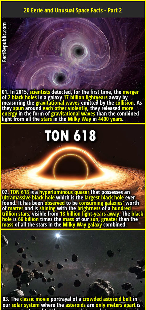 01. In 2015, scientists detected, for the first time, the merger of 2 black holes in a galaxy 17 billion lightyears away by measuring the gravitational waves emitted by the collision. As they spun around each other violently, they released more energy in the form of gravitational waves than the combined light from all the stars in the Milky Way in 4400 years. Outer Space Facts, Physics Facts, Gravitational Waves, Fact Republic, Science Fact, Space Astronomy, Astronomy Science, Cool Science Facts, Space Facts