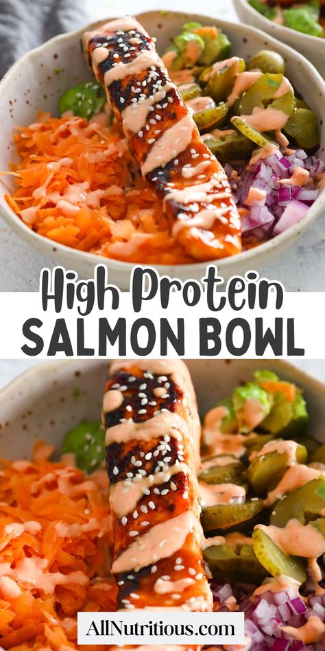 Get ready to dive into this tasty salmon bowl! It's not just delicious but also an easy recipe to make and packed with nutrients. A high protein dinner that's perfect for anyone who wants a healthy meal idea that doesn't sacrifice flavor. It's also a high protein lunch or just an easy meal prep you've been craving for. Calorie Counting Meal Prep, Macro Friendly Salmon Bowl, Salmon Work Lunch, Meal Prep Ziploc Bag, Lox Recipes Dinners, Salmon Meal Prep Ideas Low Carb, Easy Meal Prep For Diabetics, High Protein Meals Under 500, High Protein Salmon Bowl