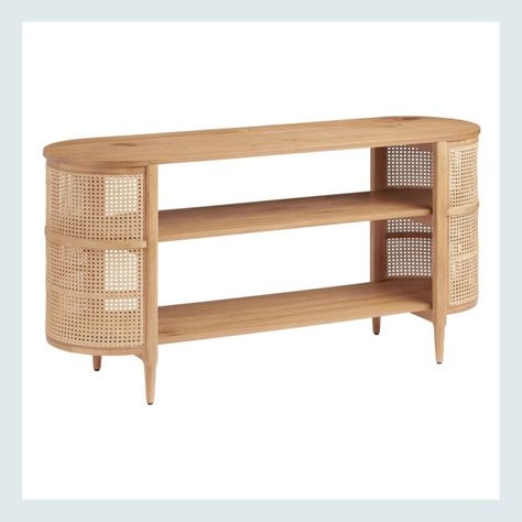 The Power And Practicality Of Sofa Tables (Em's New Favorite Hardworking Piece) - Emily Henderson Cane Bookshelf, Horizontal Bookcase, Rattan Cane, Boho Living Room Decor, Cabinet Shelving, Cost Plus World Market, Boho Living, Sofa Tables, Affordable Home Decor