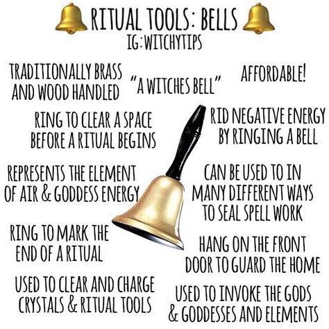 Tips for Witches Everywhere! ✨ on Instagram: “A ritual bell is used in a plethora of different ways depending on the practitioner. The high pitch tone of a ringing bell rids negative…” Air Goddess, Circle Casting, Ringing Bell, Witch Tools, Bad Spirits, Spell Work, High Pitch, Grimoire Book, Wiccan Witch