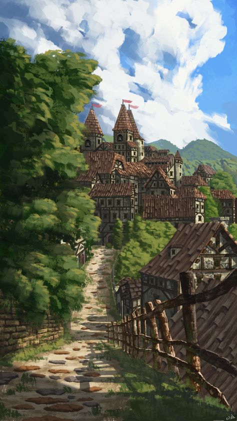 Fantasy Village Drawing, Mythical Village, Fantasy Village Concept Art, Fantasy Country, Dnd Town Art, Fantasy Village Art, Village Landscape, Dnd Town, Fantasy Village Aesthetic