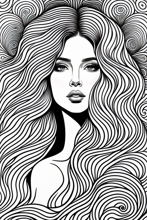 Lexica - A mermaid with long hair. black and white, wavey lines, realistic line art drawing, coloring book page, no noise, crisp thick lines, outline... Pencil Line Art Drawings, Black Outline Drawings, Line Art Hair, Long Hair Black, Art Deco Tattoo, Outline Pictures, Geometric Face, Face Line Drawing, Abstract Coloring Pages