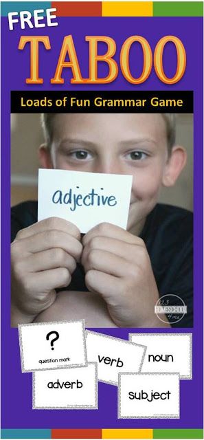 FREE Taboo Grammar Game makes practicing nouns, verbs, adjectives, adverbs, subjects, parts of speech, question marks, exclamation marks, homophones, and more lots of fun for first grade, 2nd grade, 3rd grade, 4th grade. NO PREP! Such a fun, easy to play game that is great practice in classrooms, learning at home, homeschool, and more. Parts Of Speech Games, Part Of Speech Grammar, Ela Games, Nouns Verbs Adjectives Adverbs, Activities Elementary, Speech Games, Grammar Games, Question Marks, Nouns Verbs Adjectives