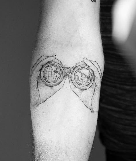 Tattoo Detailed Binoculars Globe Inner Forearm Designs For Men Traveling Tattoos Men, Traveler Tattoo Men, Globe Tattoo Men, Hiking Tattoo For Men, Spyglass Tattoo, Binoculars Tattoo, Exploration Tattoo, Family Tattoo Ideas For Men Arm, Travel Tattoo Men