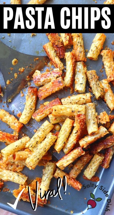 pasta chips on a sheet pan. Pasta Crisps, Air Fry Pasta, Pasta Snacks Appetizers, Deep Fried Pasta, Pasta Chips Recipe, Baked Pasta Chips, Air Fried Pasta, Pasta Chips Oven Baked, Fried Pasta Recipes