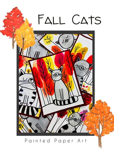 Fall Cats – Painted Paper Art Kindergarten Fall Art, Painted Paper Art, Grade 1 Art, Colorful Art Projects, Sea Shell Art, Kindergarten Art Lessons, Fall Cats, Animal Art Projects, Kindergarten Art Projects