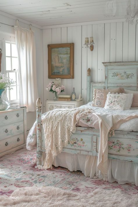 Blue Shabby Chic Bedroom, Modern Shabby Chic Bedroom, Shabby Chic Bedroom Ideas, Beachy Bedroom Decor, Vintage Shabby Chic Bedroom, Summer Bedroom Ideas, Fall Bedroom Ideas, Rose Bedroom, Shabby Bedroom