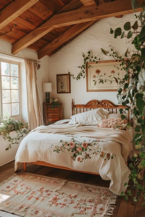 These cottagecore bedroom ideas encompass a cozy and rustic aesthetic, featuring floral patterns, vintage decor, and natural elements. Coed Bedroom Decor, Vintage Cottage Core Bedroom Ideas, Cottage Farmhouse Bedroom Ideas, Floral Vintage Bedroom, Cozy Treehouse Interior, Colors To Paint Bedroom Furniture, Vintage Floral Room Aesthetic, Vintage Aesthetic House Decor, Simple Country Bedroom