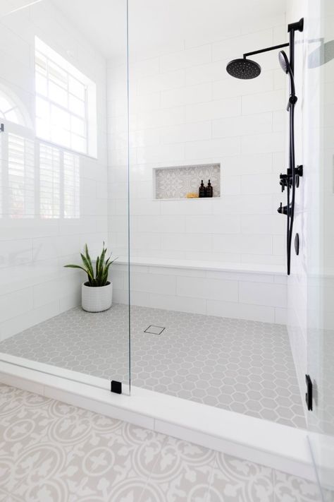 Bathroom With Chevron Tile, Renovated Master Bathrooms, White Subway Tile Shower Ideas Master Bath, Master Shower Inspiration, White Stand Up Shower Ideas, Long Subway Tile Shower White, Modern Farmhouse Master Shower Ideas, Master Shower With No Door, Master Bath Stand Up Shower Ideas