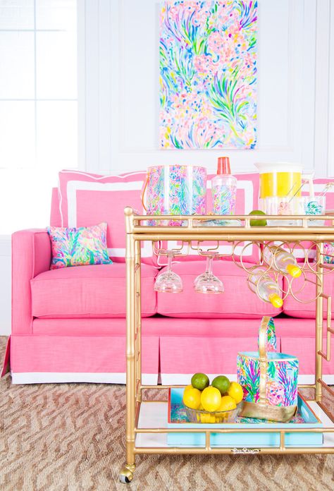 Preppy Room Tour, Preppy Pink Room, Lilly Pulitzer Room, Preppy Room Aesthetic, Cart Bar, Palm Beach Decor, Social Bar, Pink Couch, Bar Sala