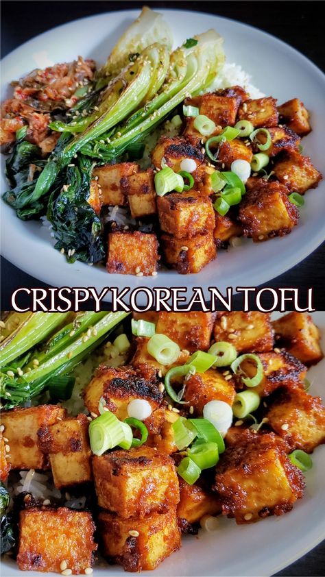 Mmmm this tasty Korean tofu is perfect when making up grain bowls. I served it over jasmine rice and accompanied by pan seared baby bok choy and vegan kimchee then sprinkled with sesame seeds and chopped scallions. Easy peasy and oh so delish. Asian Dinner Recipes Vegetarian, Korean Rice Bowl Vegetarian, Korean Tofu Stir Fry, Tofu And Veggies Recipes, Korean Marinated Tofu, Bimbimbop Recipe Vegan, Sprouted Tofu Recipes, Dr Stacy Sims Recipes, Korean Tofu Bowl