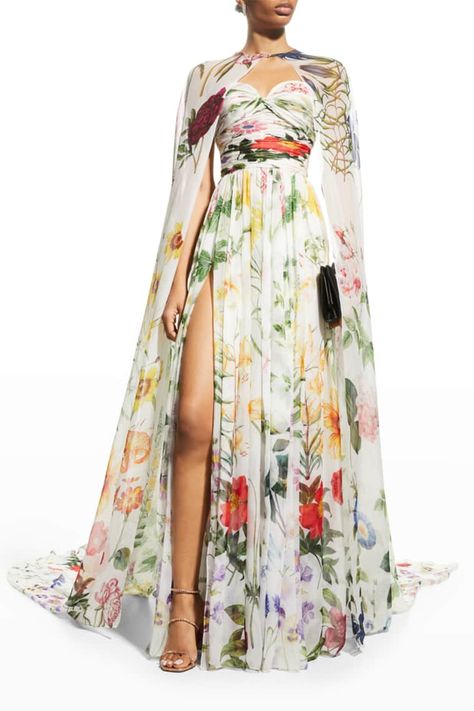 B73TD Oscar de la Renta Floral-Print Strapless Twist Chiffon Gown w/ Cape Designer Evening Gowns, Column Gown, Women's Evening Dresses, Chiffon Gown, Lace Gown, Floral Chiffon, Guest Outfit, Ladies Dress Design, Beautiful Gowns