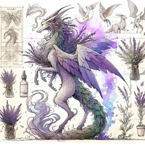 Page 25 - 28: "Manifestations of Lavender" #aiart #aiartwork #aiartcommunity #aisketch #aiconceptart #fantasy #fantasycreature #fieldguide #beastiary #lavender #dragon #nature #elf #hippogriff #fantasybeast #forest Mythical Sketches, Flying Mount, Nature Elf, Lavender Dragon, Character Appearance, Forest Dragon, Purple Dragon, Dragonfly Tattoo, Fantasy Beasts