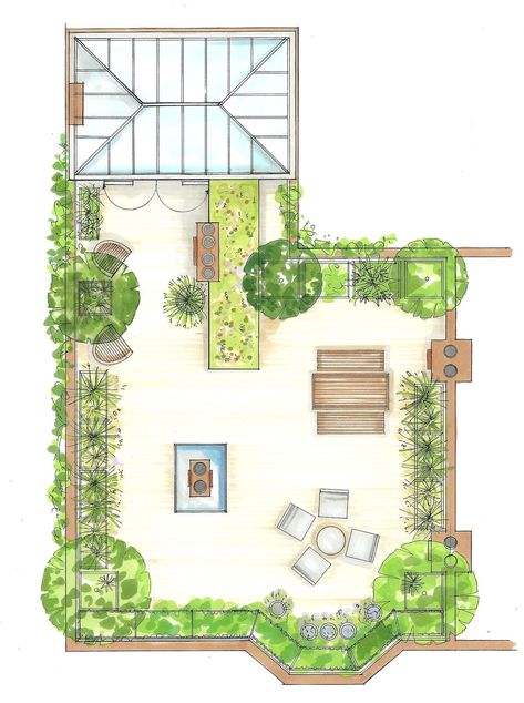 Terrace Garden Plan Layout, Roof Landscape Design Plan, Landscape Design Rooftop, Roof Terrace Landscape Design, Terrace Gardening Ideas, Green Roof Terrace, Roof Garden Plan Design, Roof Garden Design Architecture, Terrace Design Plan