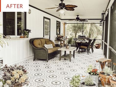 After: Screened-In Porch decorative floor tile Patio Floor, Screened Porch Designs, Floor Makeover, Moroccan Tiles Pattern, Cement Patio, Moroccan Stencil, Renovation Budget, Tile Stencil, Porch Flooring