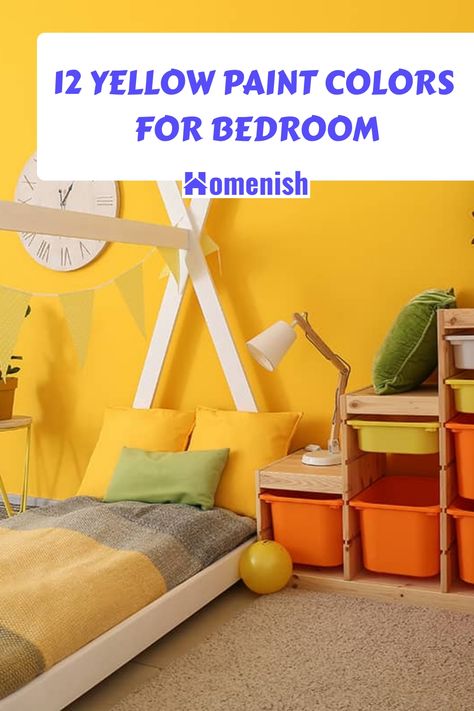 Yellow was once a popular color choice for bedrooms, but it has fallen out of favor over the last two decades. However, if you discount yellow as a paint color for the bedroom, then you’re missing out because this cheerful color has so much to offer. Yellow Paint Colors For Bedroom, Yellow Wall Painting Ideas, Yellow Bedroom Paint, Paint Colors For Bedroom, Colors For Bedroom, Hawthorne Yellow, Oak Wood Trim, Pink Bed Sheets, Yellow Paint Colors