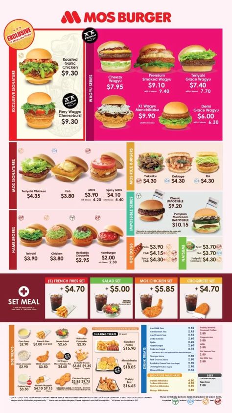 Mos burger Singapore Menu Japanese Burger, Burger Menu, Roasted Garlic Chicken, Main Menu, Plant Based Burgers, Teriyaki Chicken, Japanese Restaurant, Roasted Garlic, Kids Meals