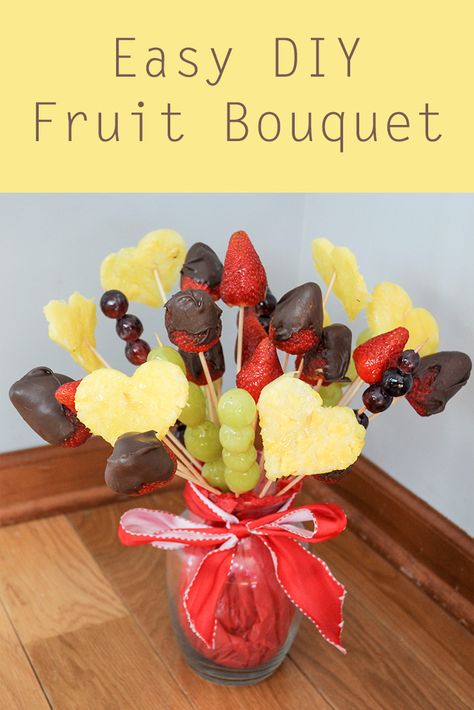 Edible Bouquets Fruit, Simple Fruit Bouquet, Diy Fruit Arrangement, Easy Fruit Boquets, Fruit Bouquet Ideas Diy, How To Make A Fruit Bouquet Diy, Chocolate Covered Fruit Bouquet, Valentines Platter, Fruit Flower Arrangements