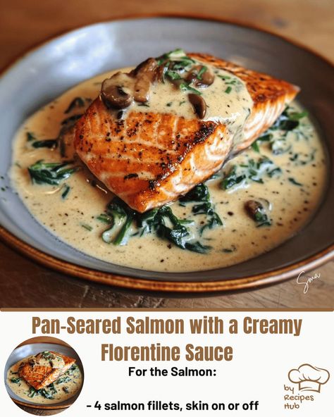 Pan-Seared Salmon with a Creamy Florentine Sauce Florentine Sauce, Salmon Florentine, Cheeseburger Meatloaf, Baked Meatloaf, Crockpot Meatloaf, Mexican Casserole Recipe, Frozen Salmon, Chicken Parmesan Pasta, Chicken Pasta Bake