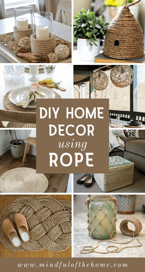 These DIY rope crafts make perfect additions to coastal and rustic home decor. Best part? You can find rope at the dollar store, making these projects super budget-friendly! Check out these awesome home decor ideas using rope, such as rugs, baskets, placemats, and more! #DIY #rope #crafts #homedecor #mindfulofthehome Jute Home Decor Diy Projects, Crafts For Home Decor Diy, Crafts With Twine Diy Projects, Rope Twine Crafts, Diy Rustic Placemats, Diy Jute Rope Projects, Rope Diy Ideas Home Decor, Decorative Rope Ideas, Crafty Decor Diy Projects