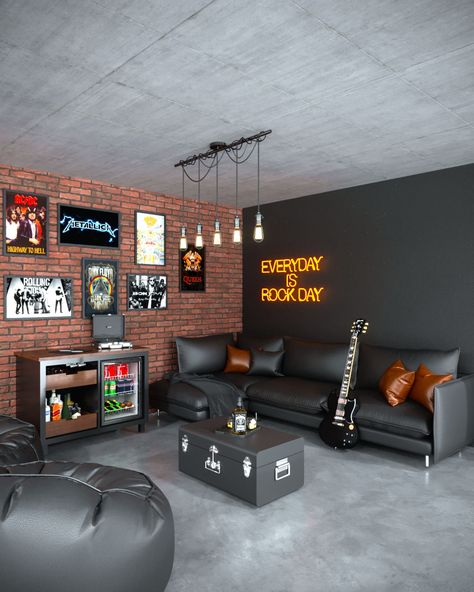 Everyday is rock day on Behance Rock Salon Decor, Music Room House Ideas, Small Room Lounge Ideas, Music Studio Home Ideas, Rock And Roll Decor Interior Design, Man Cave Room Decor, Home Office Bar Ideas, Garage Podcast Studio, Rock And Roll Home Decor