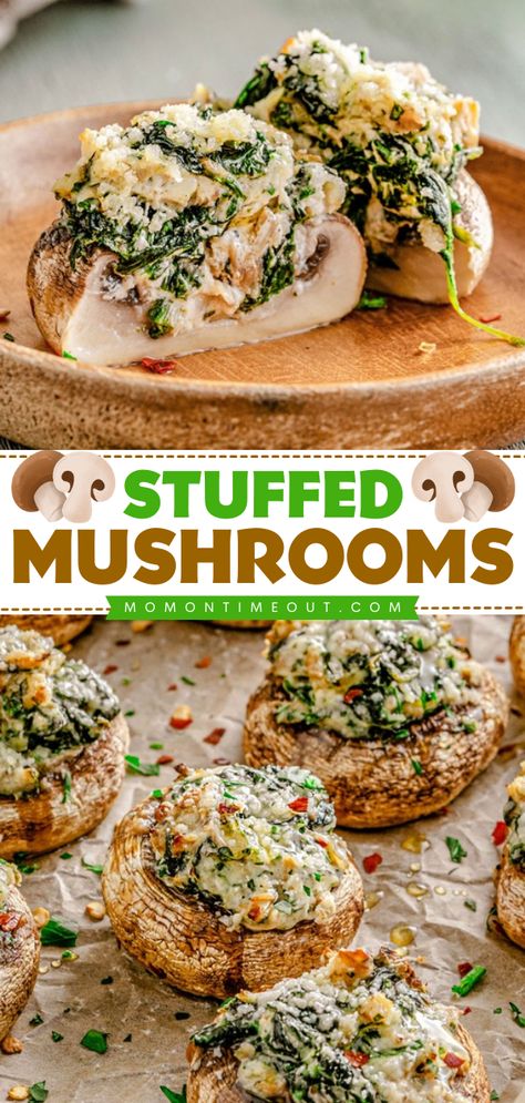 Whip up this mushroom recipe for your tailgating party! It's a game day appetizer everyone will love. Baked with cream cheese, spinach, and more, these easy stuffed mushrooms are the BEST. Such a mouthwatering football food idea! Mushroom Spinach Appetizers, Giant Stuffed Mushrooms, Cream Cheese Spinach Stuffed Mushrooms, Filled Mushrooms Recipe, Spinach Stuffed Portabella Mushroom Recipes, Spinach Dip Stuffed Mushrooms, Appetizers Stuffed Mushrooms, Spinach And Cheese Stuffed Mushrooms, Stuffed Mushroom Recipes Easy