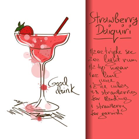 STRAWBERRY DAIQUIRI Drawn Strawberry, Cocktail Strawberry, Strawberry Daiquiri Cocktail, Cocktail Margarita, Mexican Cocktails, Daiquiri Cocktail, Cocktails Vector, Recipe Strawberry, Diy Christmas Presents