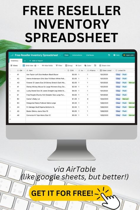 Are you an ebay seller or poshmark seller? Make sure you check out this free inventory spreadsheet for resellers that I created on Airtable (like google drive, but SO much easier to customize). You can track each item, how much it cost, where it's listed, and more. Click to get it! Business Spreadsheet Templates, Excel Inventory Templates, Liquor Inventory Spreadsheets, Resell Inventory Spreadsheet, Inventory Spreadsheet, Free Spreadsheets, Spreadsheet Design, Selling Clothes Online, Ebay Reseller