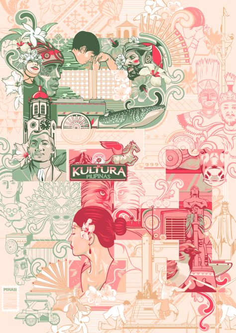 Kultura Ng Pinas / PH Culture by Vincent Rhafael Aseo, via Behance Filipino Icons, Philippine Culture Poster, Filipino Poster, Illustration Culture, Philippines Art, Aesthetic Graphics, Filipino Art, Philippine Art, Philippines Culture