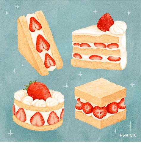 Strawberry Desserts Drawing, British Dessert Recipes, Desserts Drawing, Food Art Painting, British Desserts, Cake Drawing, 귀여운 음식 그림, Cake Illustration, Food Illustration Art